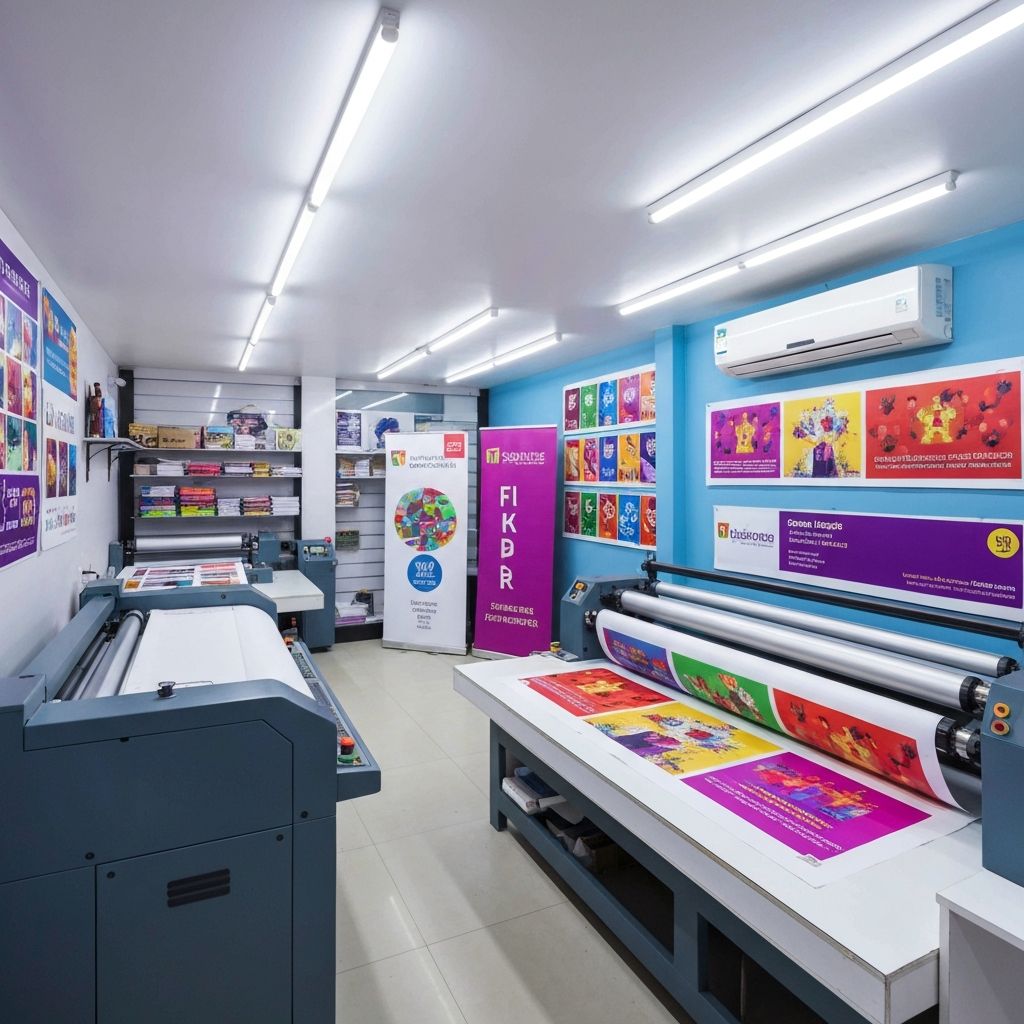 Sudarshan Flex Printer workshop in Udaipur showing professional printing equipment and colorful banners